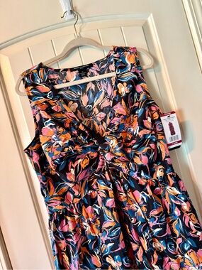 French Connection Navy Floral Twist-Front Midi Dress POCKETS NWT 100% COTTON